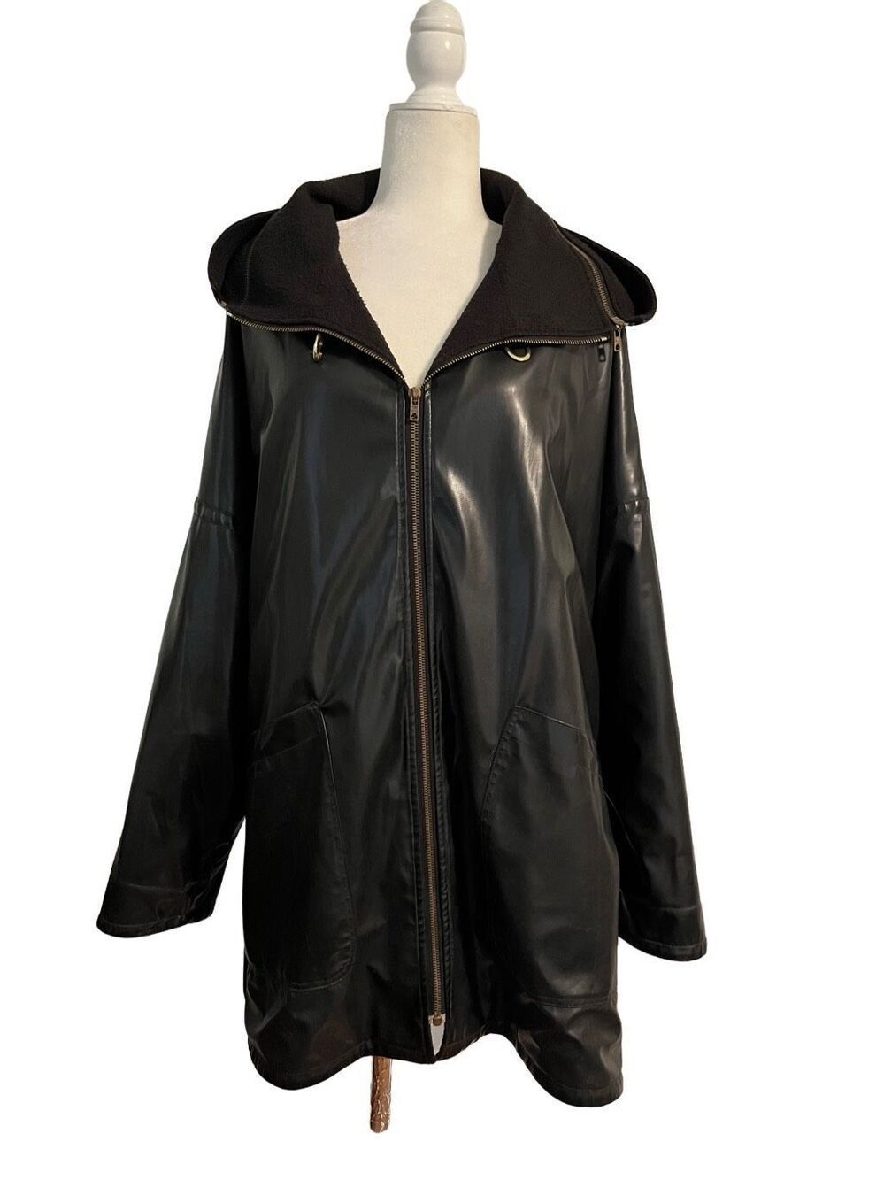 Vintage Oxford Street Paris faux black leather flared wide lapel hooded jacket